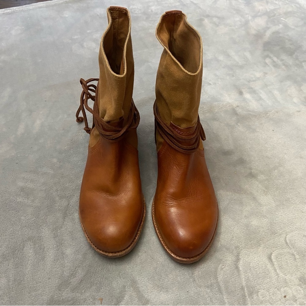 Patrica Nash Sabbia Canvas Mid Boots brown tan leather wrap strap - Picture 2 of 7